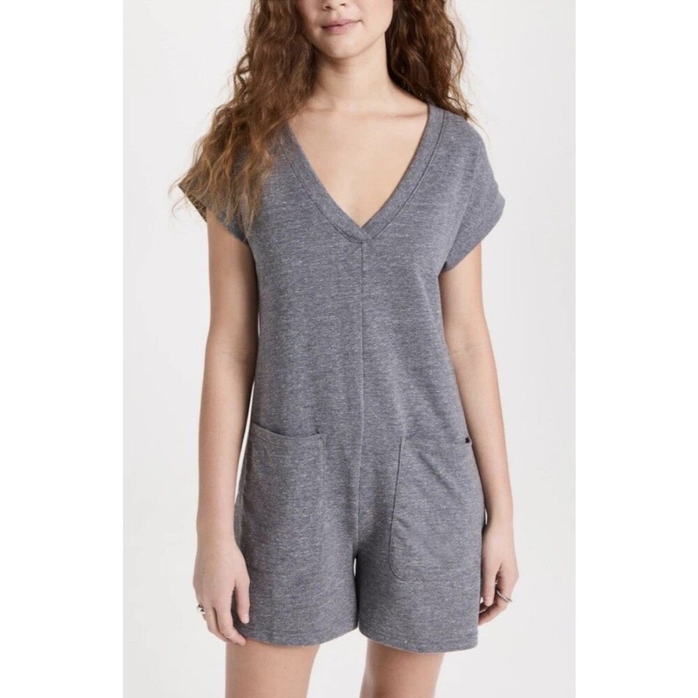 MADEWELL HEATHER GREY RIBBED TRIM AND PATCH POCKETS SKYTERRY ROMPER Sz XS